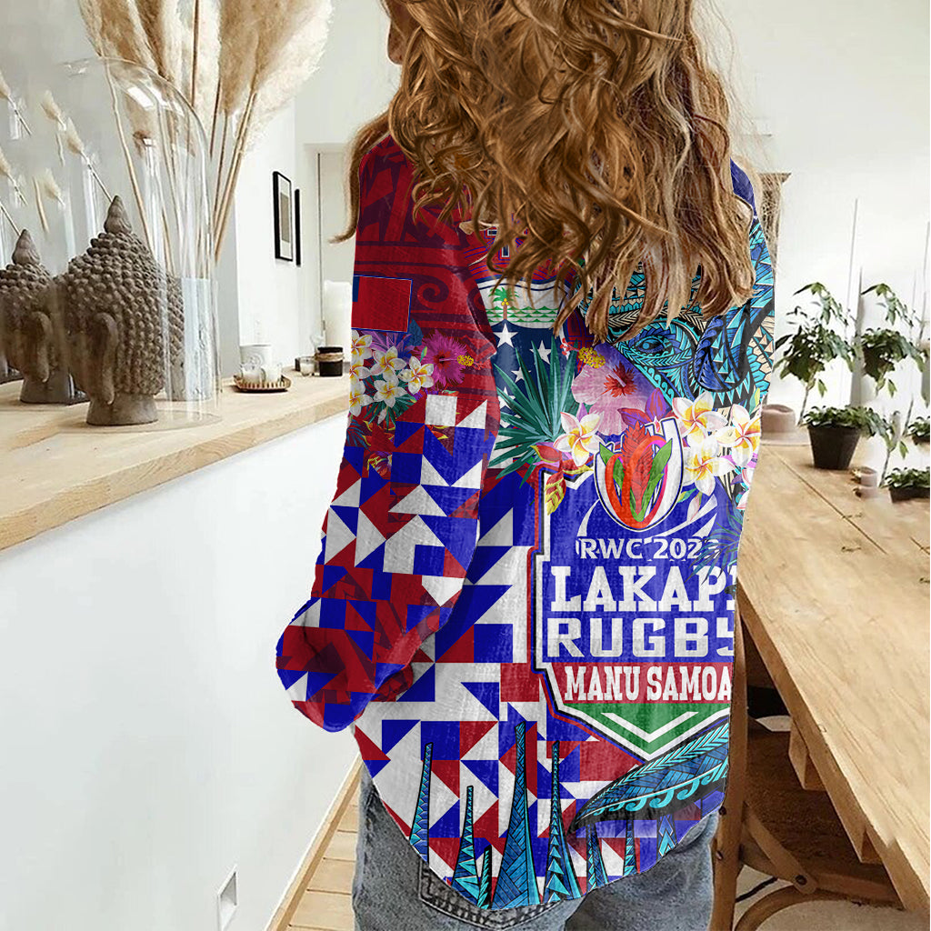 Manu Samoa Rugby 2023 Women Casual Shirt Humpback Whale Hexagon Tribal Tropical Style - Wonder Print Shop