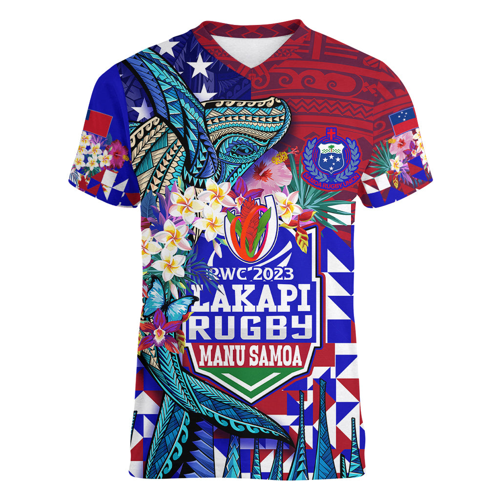 Manu Samoa Rugby 2023 Women V Neck T Shirt Humpback Whale Hexagon Tribal Tropical Style - Wonder Print Shop