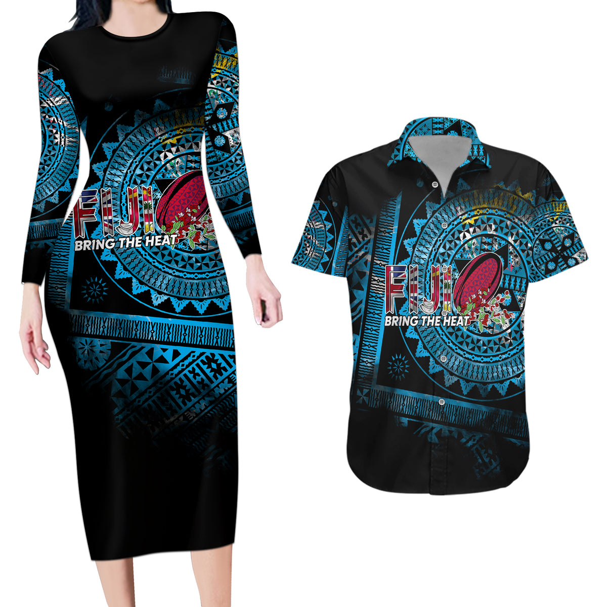 Fiji Rugby Couples Matching Long Sleeve Bodycon Dress and Hawaiian Shirt Bring The Heat - Wonder Print Shop
