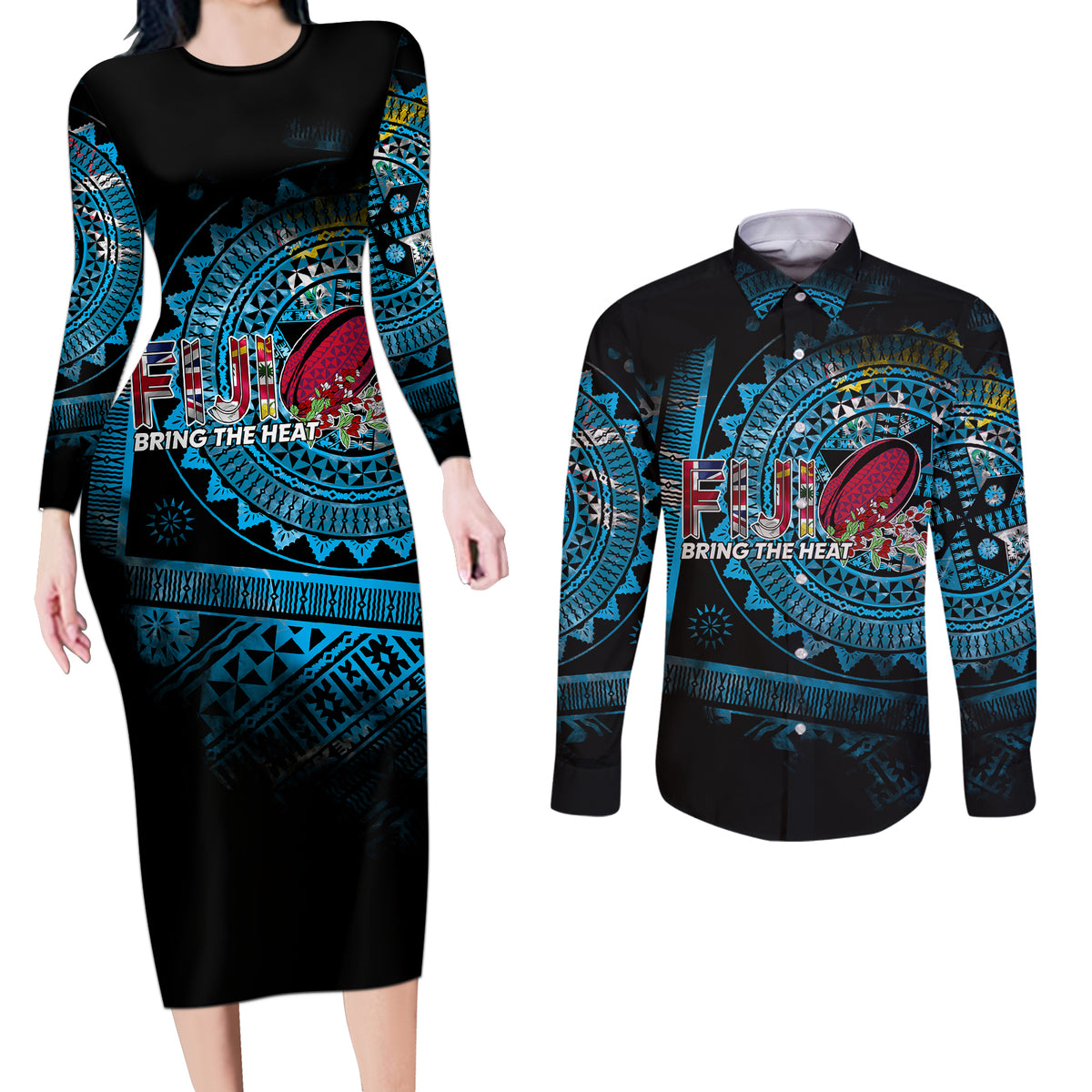 Fiji Rugby Couples Matching Long Sleeve Bodycon Dress and Long Sleeve Button Shirts Bring The Heat - Wonder Print Shop