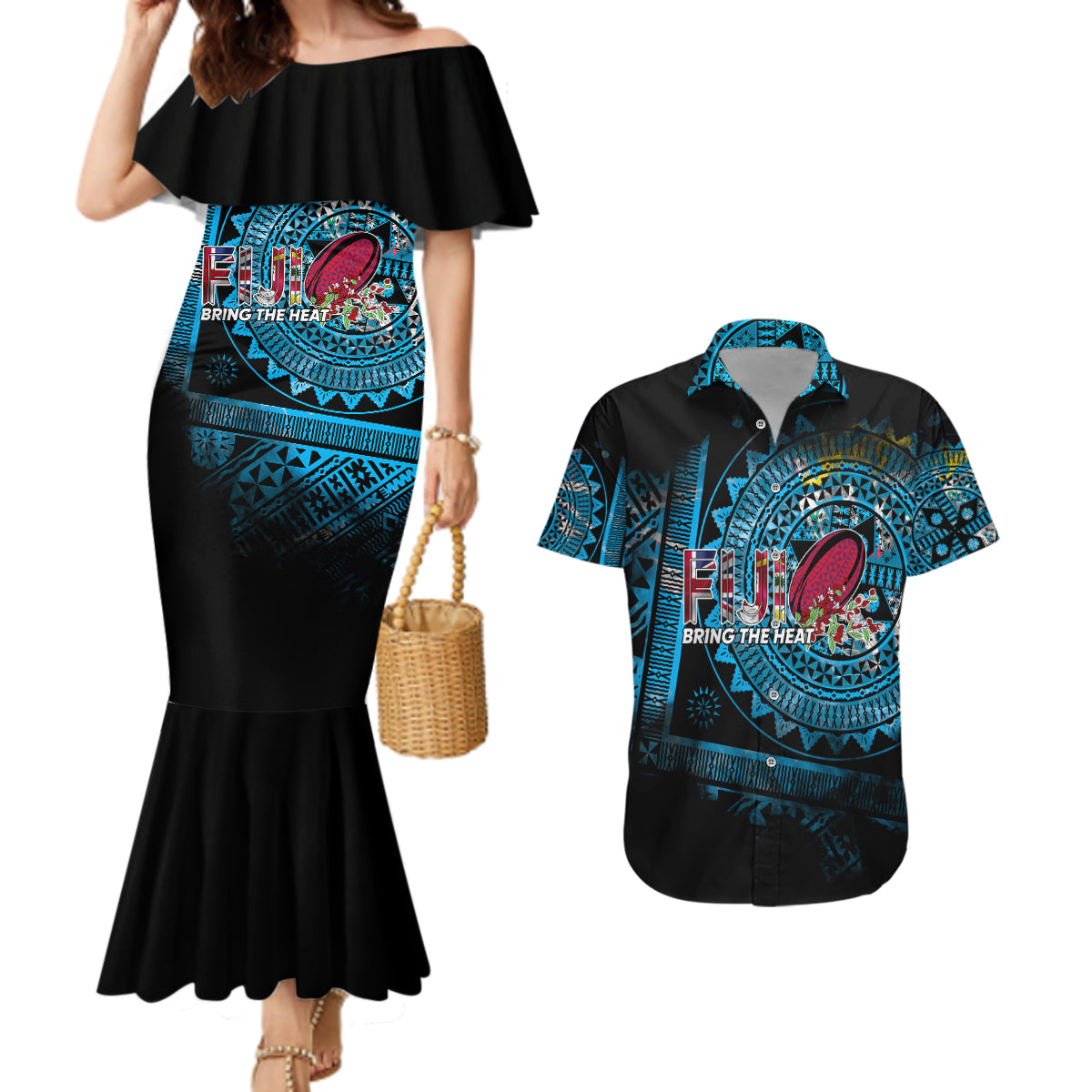 Fiji Rugby Couples Matching Mermaid Dress and Hawaiian Shirt Bring The Heat - Wonder Print Shop