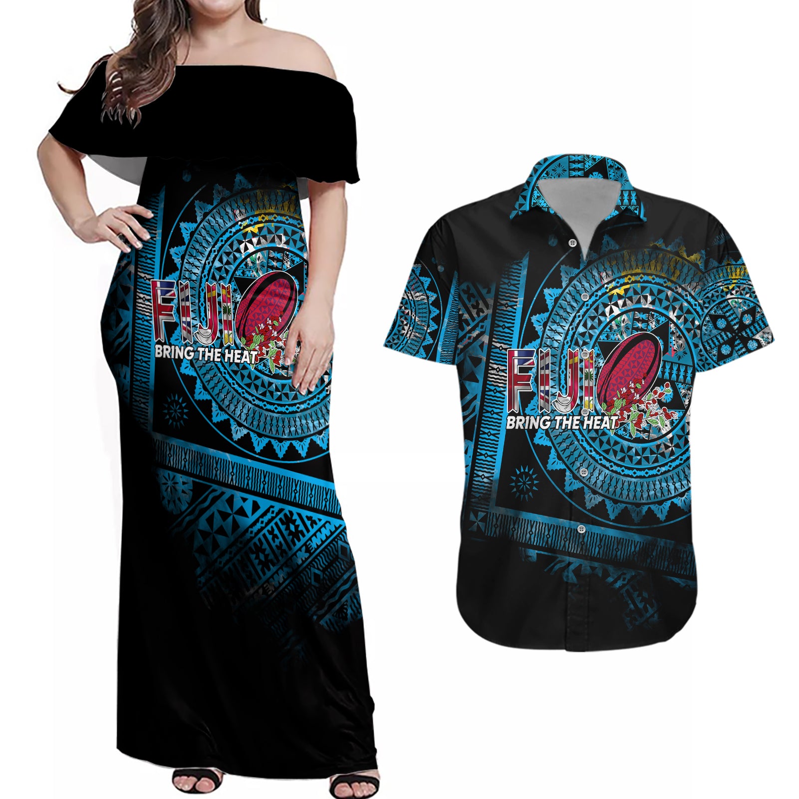 Fiji Rugby Couples Matching Off Shoulder Maxi Dress and Hawaiian Shirt Bring The Heat - Wonder Print Shop