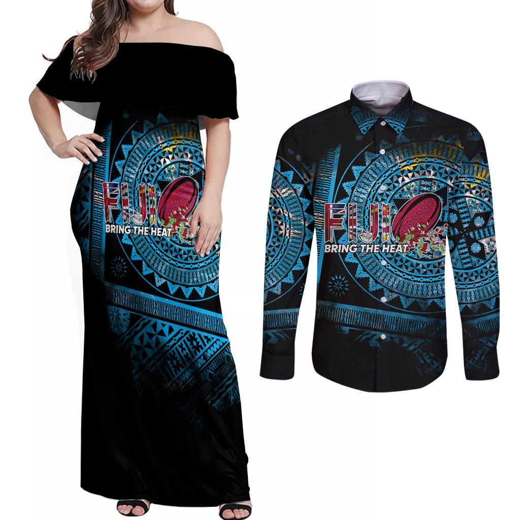 Fiji Rugby Couples Matching Off Shoulder Maxi Dress and Long Sleeve Button Shirts Bring The Heat - Wonder Print Shop