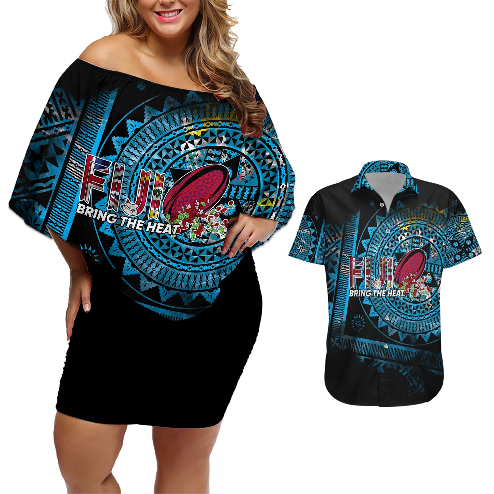 Fiji Rugby Couples Matching Off Shoulder Short Dress and Hawaiian Shirt Bring The Heat - Wonder Print Shop