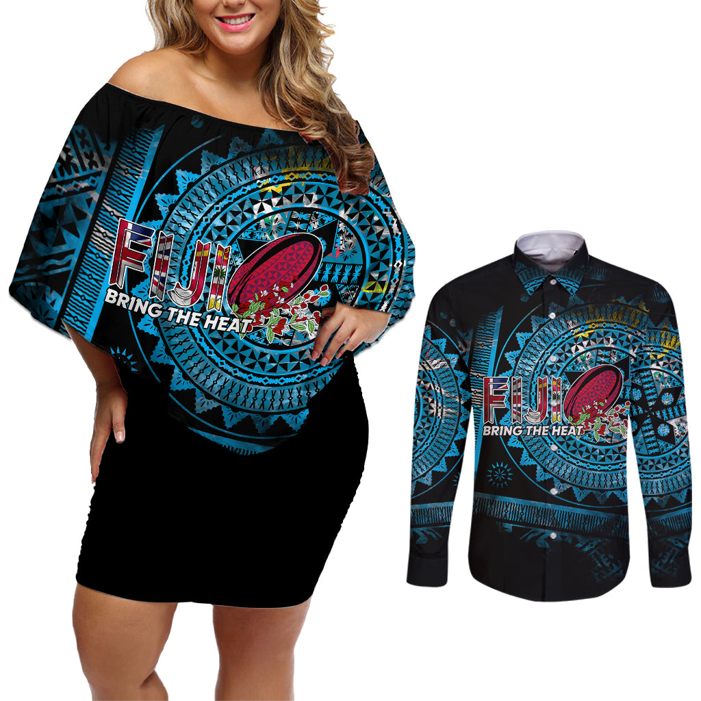 Fiji Rugby Couples Matching Off Shoulder Short Dress and Long Sleeve Button Shirts Bring The Heat - Wonder Print Shop
