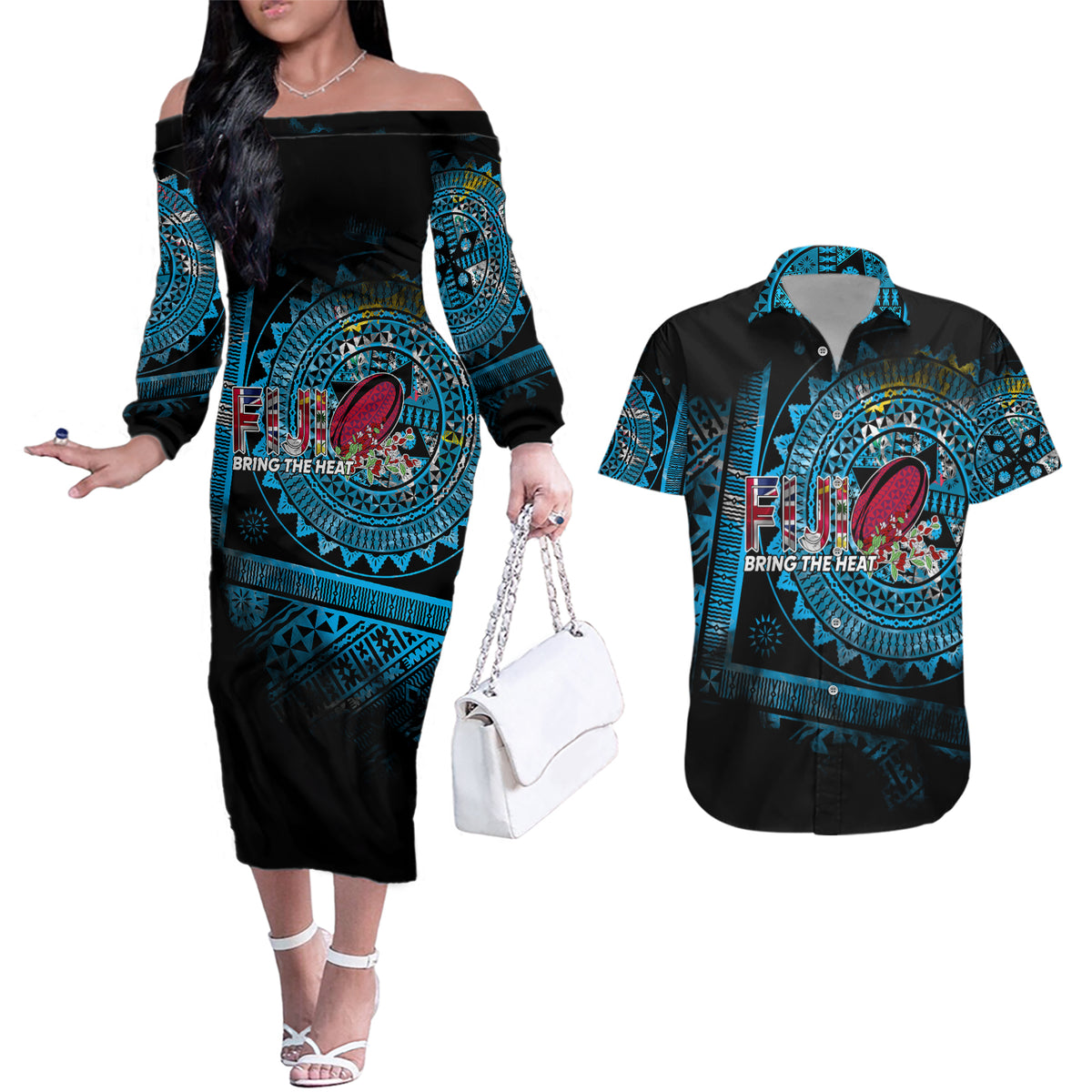 Fiji Rugby Couples Matching Off The Shoulder Long Sleeve Dress and Hawaiian Shirt Bring The Heat - Wonder Print Shop