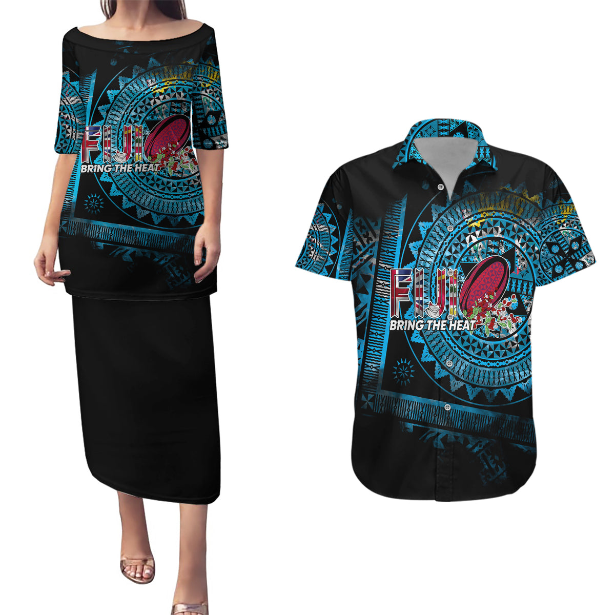 Fiji Rugby Couples Matching Puletasi Dress and Hawaiian Shirt Bring The Heat - Wonder Print Shop