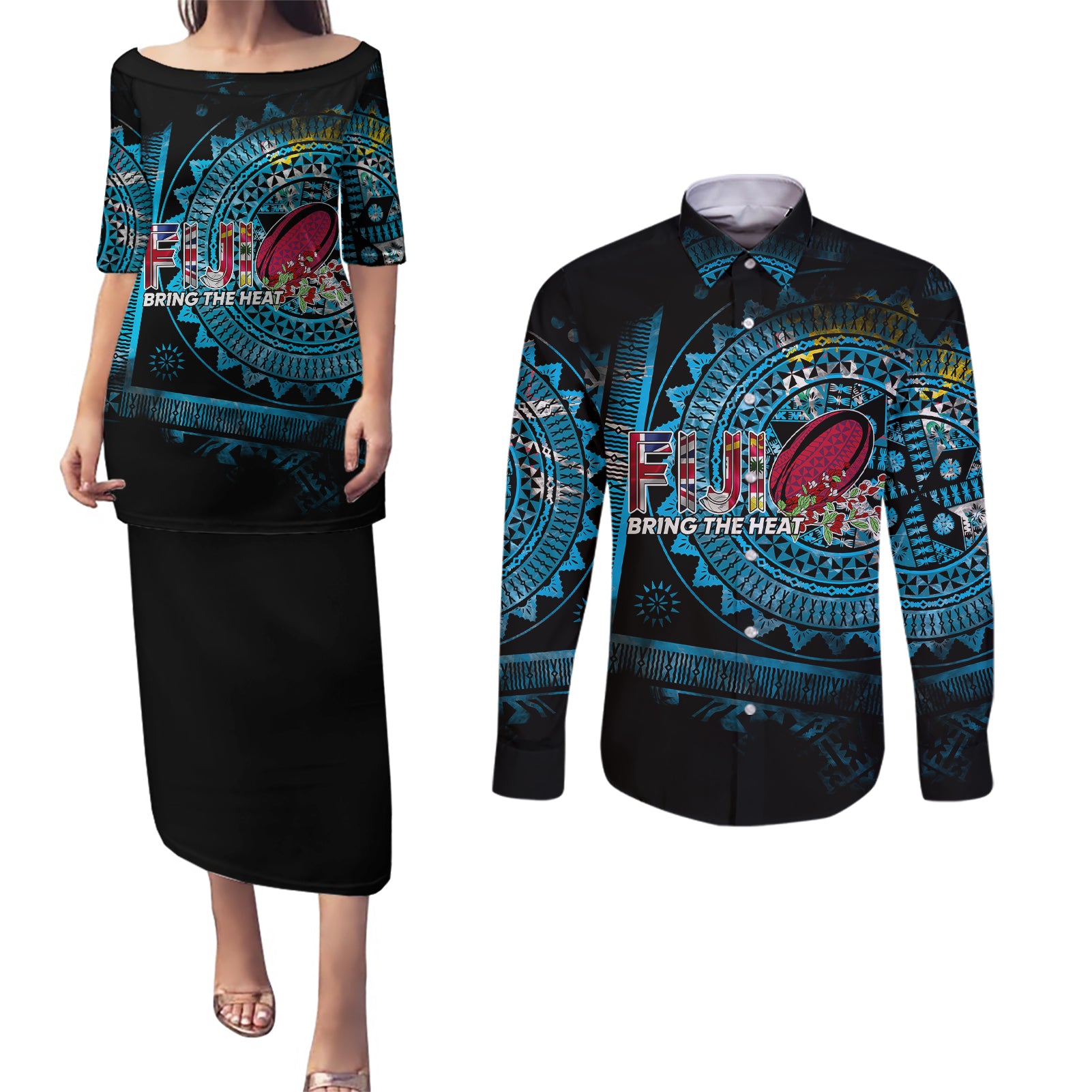 Fiji Rugby Couples Matching Puletasi Dress and Long Sleeve Button Shirts Bring The Heat - Wonder Print Shop