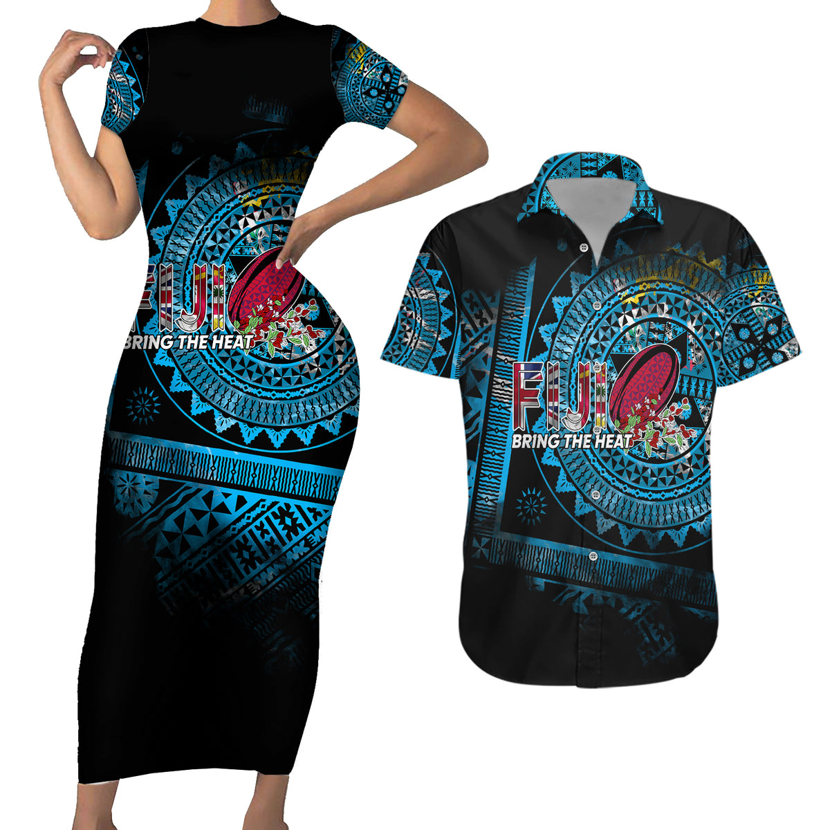 Fiji Rugby Couples Matching Short Sleeve Bodycon Dress and Hawaiian Shirt Bring The Heat - Wonder Print Shop