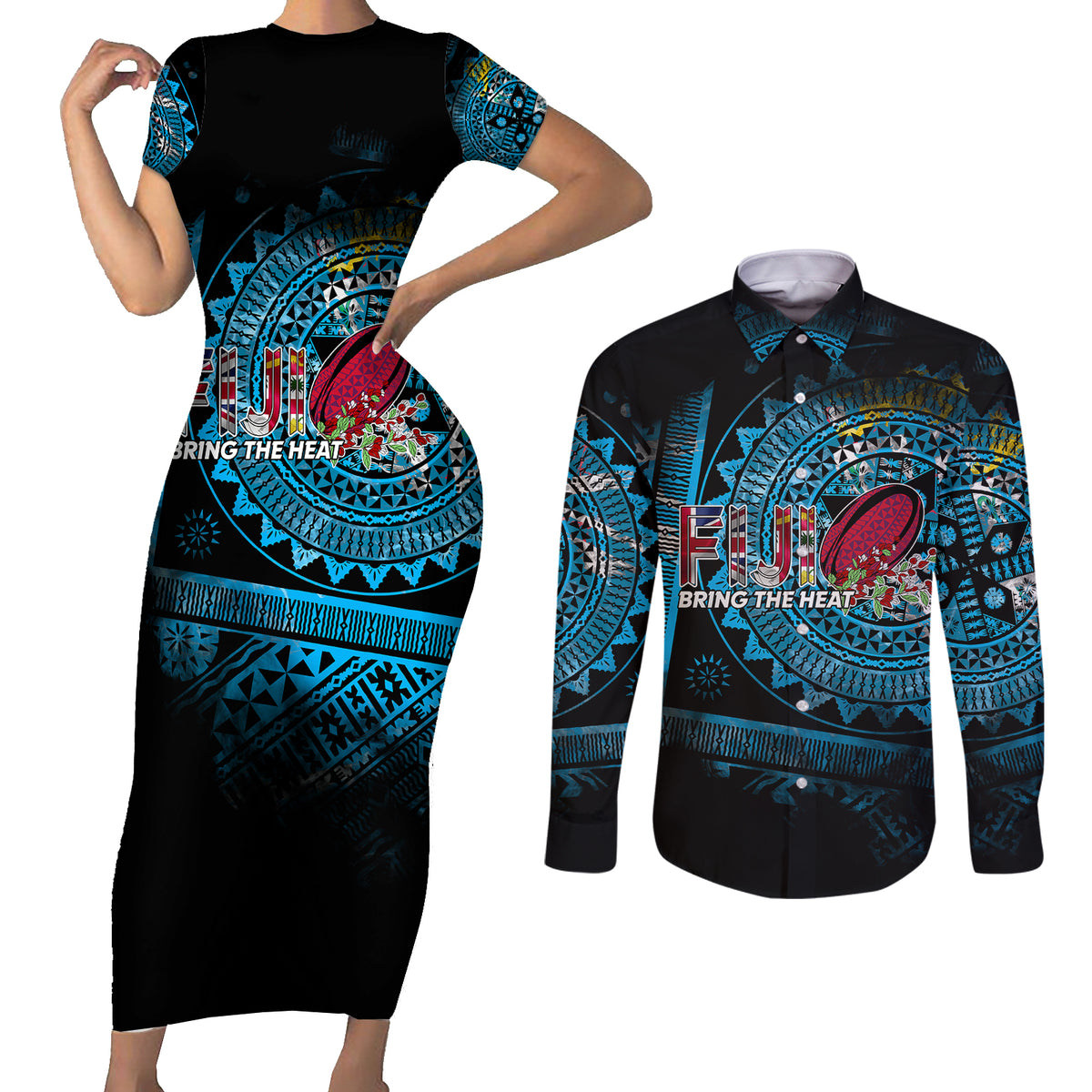 Fiji Rugby Couples Matching Short Sleeve Bodycon Dress and Long Sleeve Button Shirts Bring The Heat - Wonder Print Shop