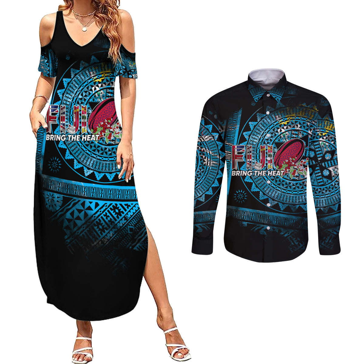 Fiji Rugby Couples Matching Summer Maxi Dress and Long Sleeve Button Shirts Bring The Heat - Wonder Print Shop