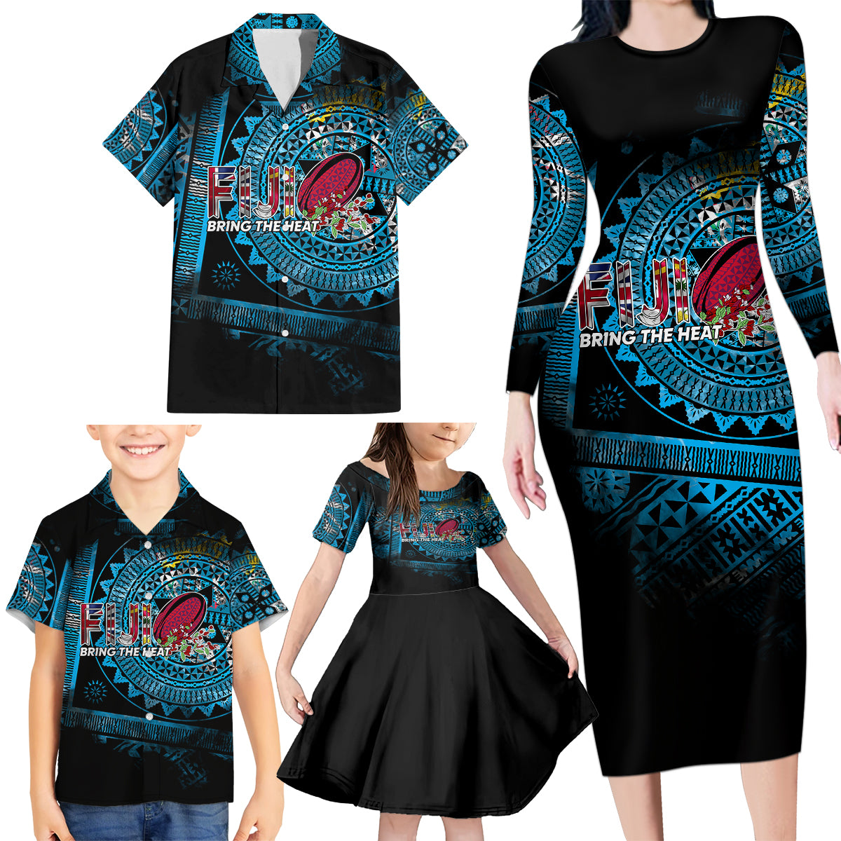 Fiji Rugby Family Matching Long Sleeve Bodycon Dress and Hawaiian Shirt Bring The Heat - Wonder Print Shop