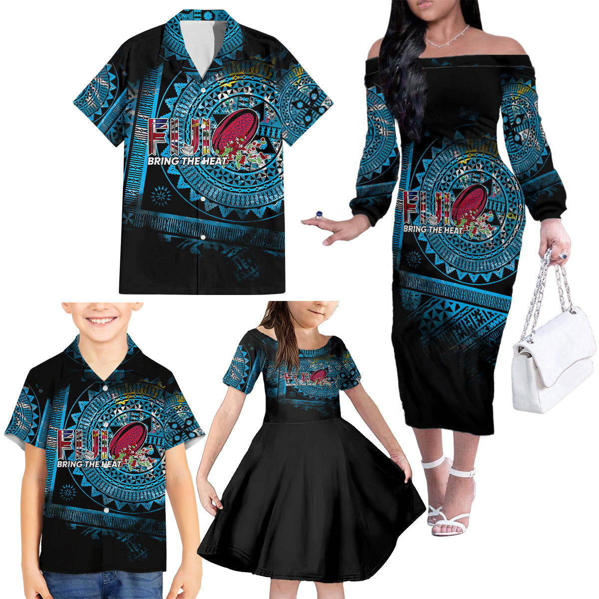 Fiji Rugby Family Matching Off Shoulder Long Sleeve Dress and Hawaiian Shirt Bring The Heat - Wonder Print Shop
