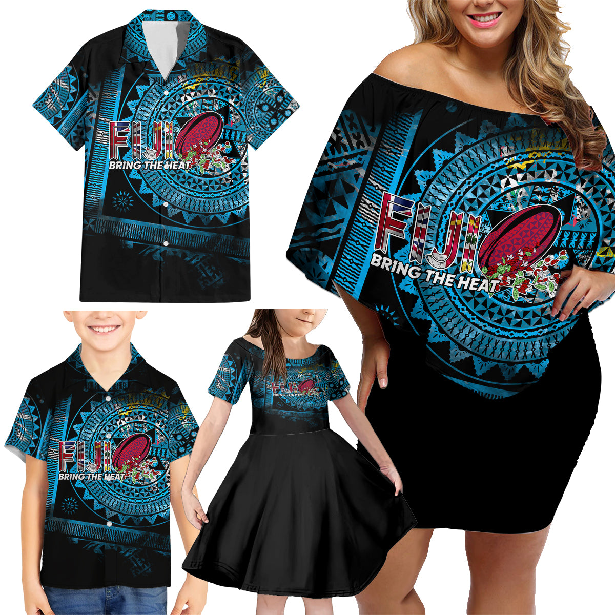 Fiji Rugby Family Matching Off Shoulder Short Dress and Hawaiian Shirt Bring The Heat - Wonder Print Shop