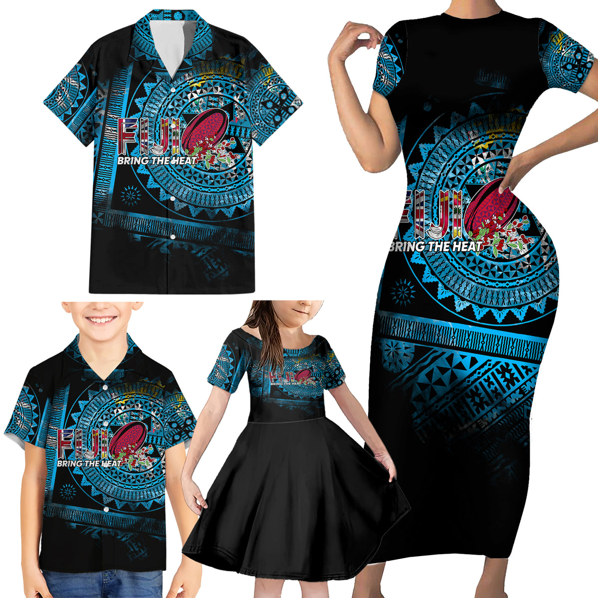 Fiji Rugby Family Matching Short Sleeve Bodycon Dress and Hawaiian Shirt Bring The Heat - Wonder Print Shop