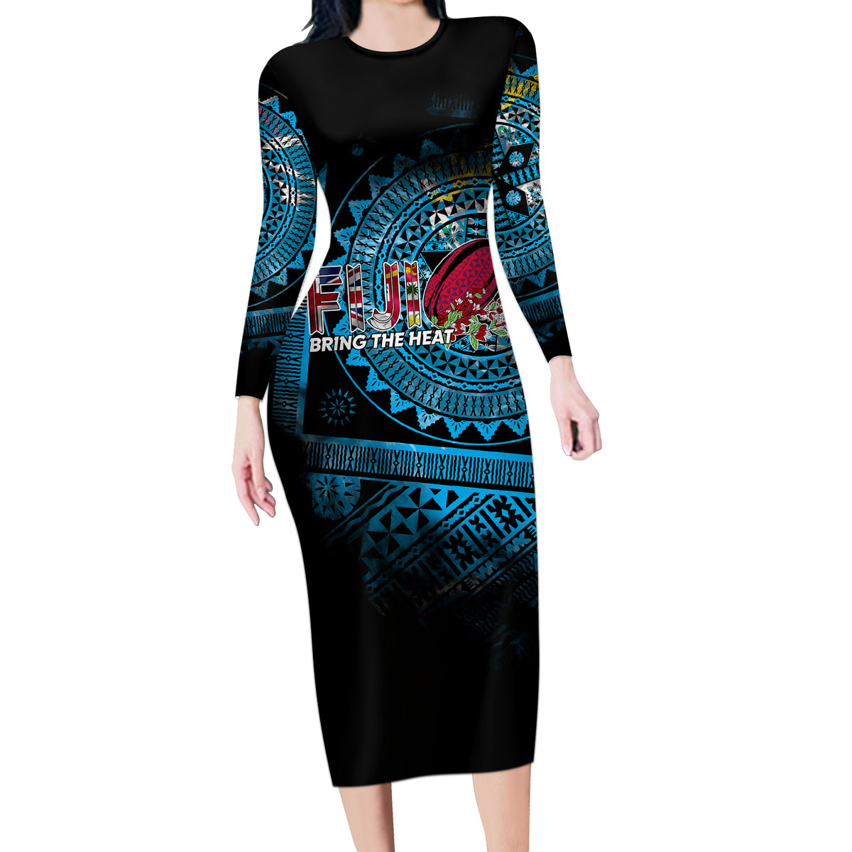 Fiji Rugby Long Sleeve Bodycon Dress Bring The Heat - Wonder Print Shop
