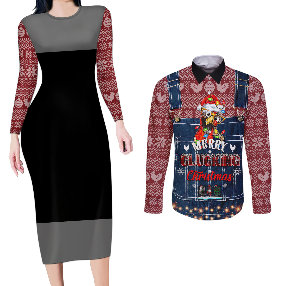 Merry Clucking Christmas Couples Matching Long Sleeve Bodycon Dress and Long Sleeve Button Shirt Chicken Santa Hat - Wonder Print Shop