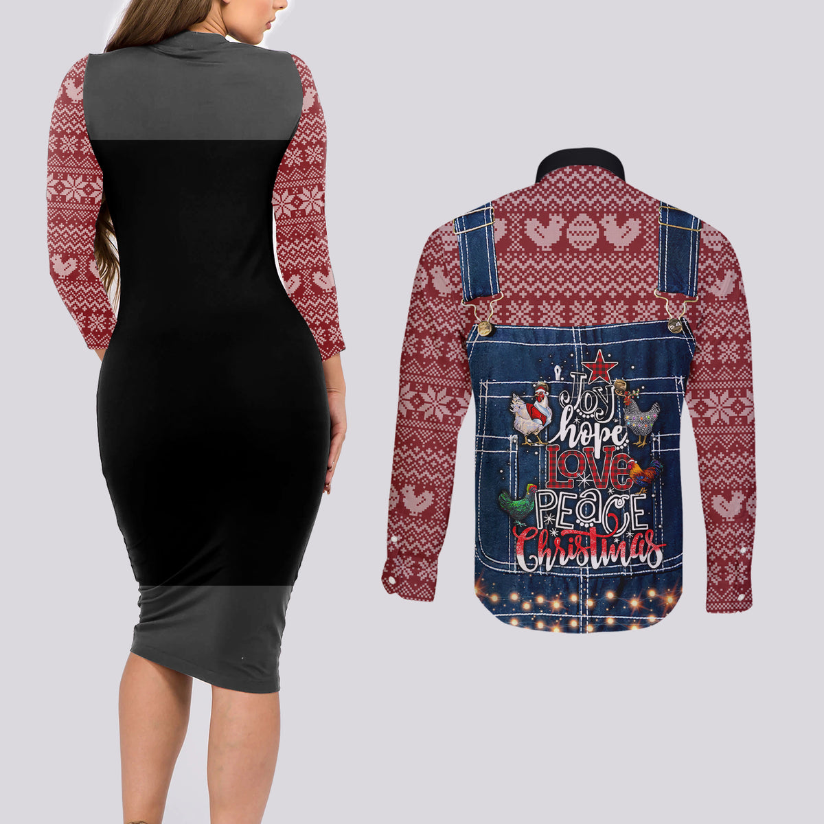 Merry Clucking Christmas Couples Matching Long Sleeve Bodycon Dress and Long Sleeve Button Shirt Chicken Santa Hat - Wonder Print Shop