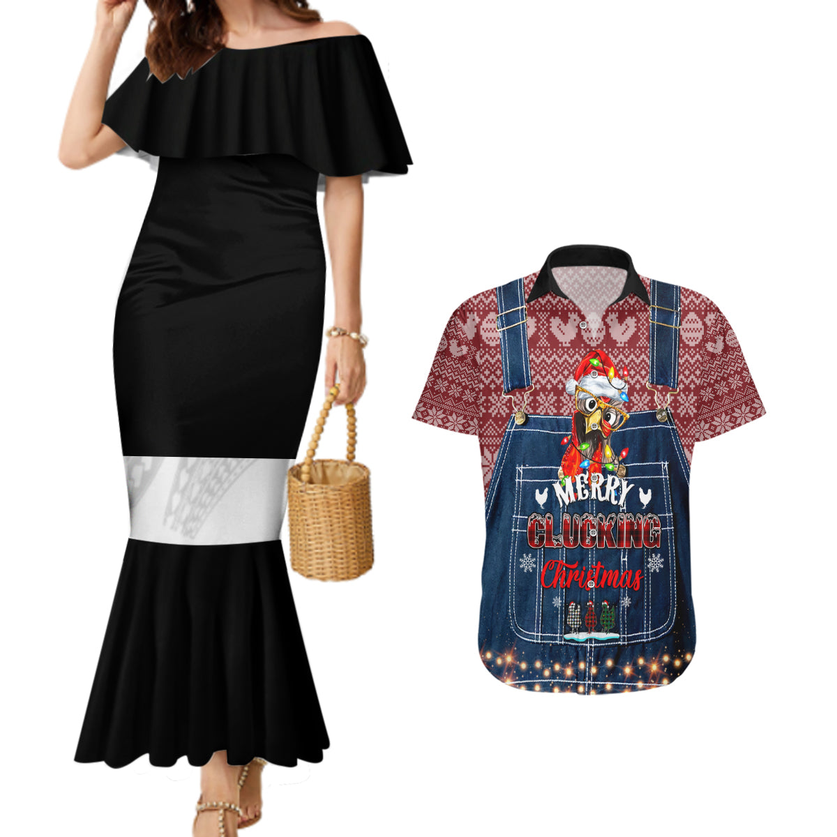 Merry Clucking Christmas Couples Matching Mermaid Dress and Hawaiian Shirt Chicken Santa Hat - Wonder Print Shop