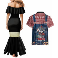 Merry Clucking Christmas Couples Matching Mermaid Dress and Hawaiian Shirt Chicken Santa Hat - Wonder Print Shop
