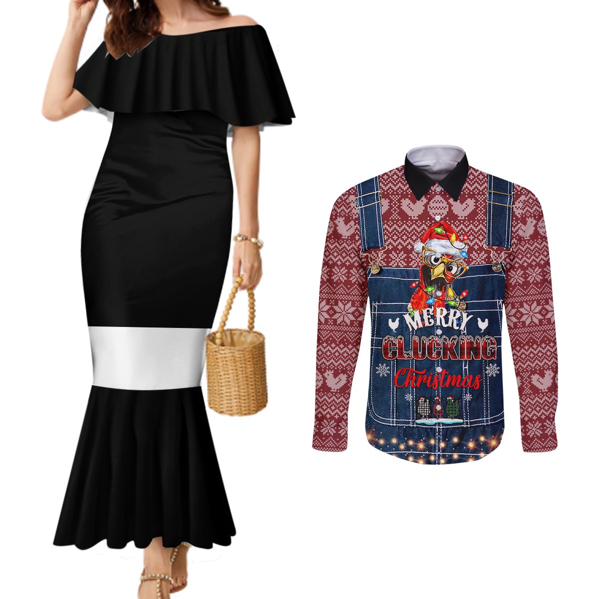 merry-clucking-christmas-couples-matching-mermaid-dress-and-long-sleeve-button-shirt-chicken-santa-hat