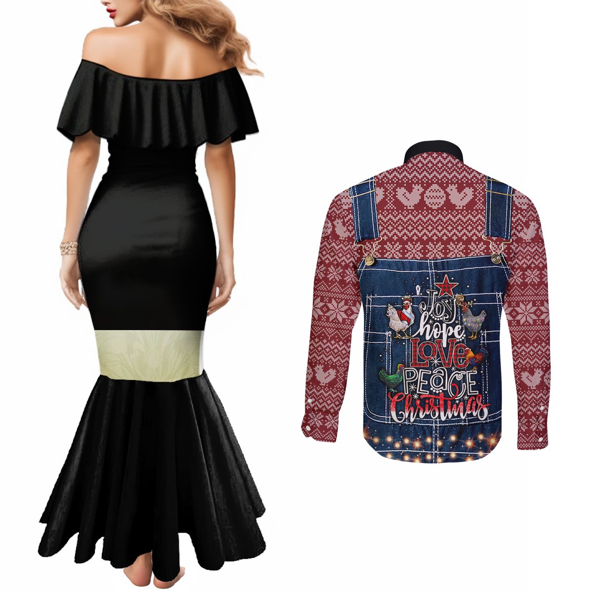 merry-clucking-christmas-couples-matching-mermaid-dress-and-long-sleeve-button-shirt-chicken-santa-hat
