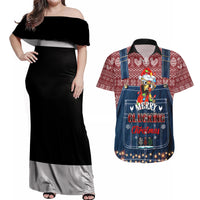 Merry Clucking Christmas Couples Matching Off Shoulder Maxi Dress and Hawaiian Shirt Chicken Santa Hat - Wonder Print Shop