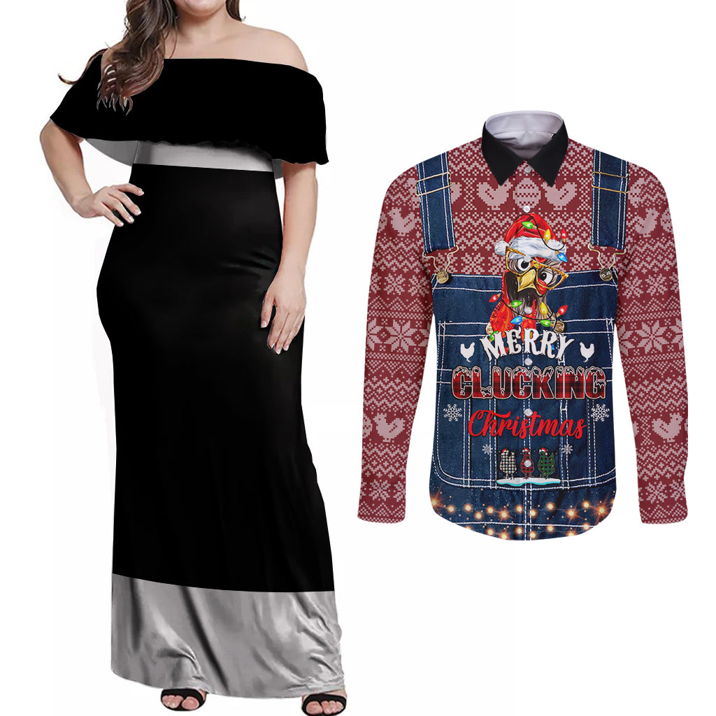 Merry Clucking Christmas Couples Matching Off Shoulder Maxi Dress and Long Sleeve Button Shirt Chicken Santa Hat - Wonder Print Shop