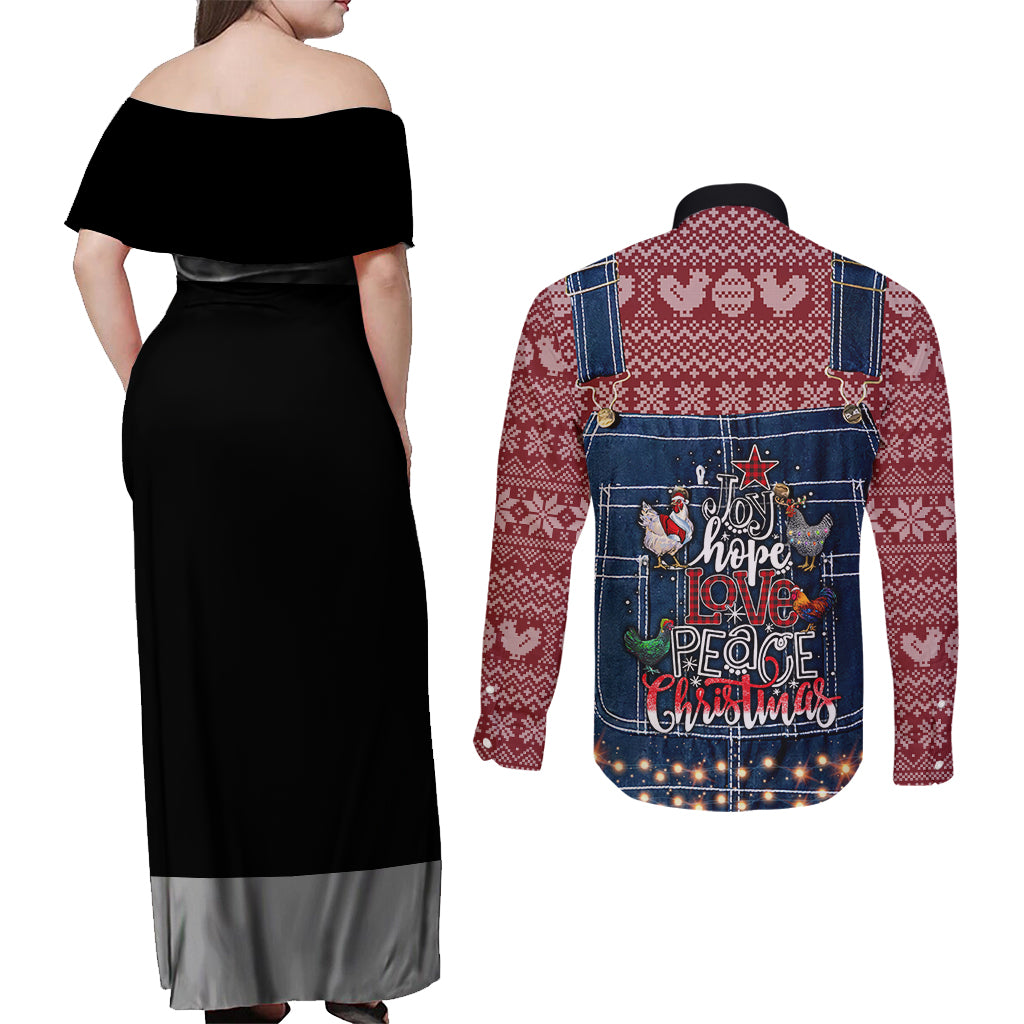 Merry Clucking Christmas Couples Matching Off Shoulder Maxi Dress and Long Sleeve Button Shirt Chicken Santa Hat - Wonder Print Shop