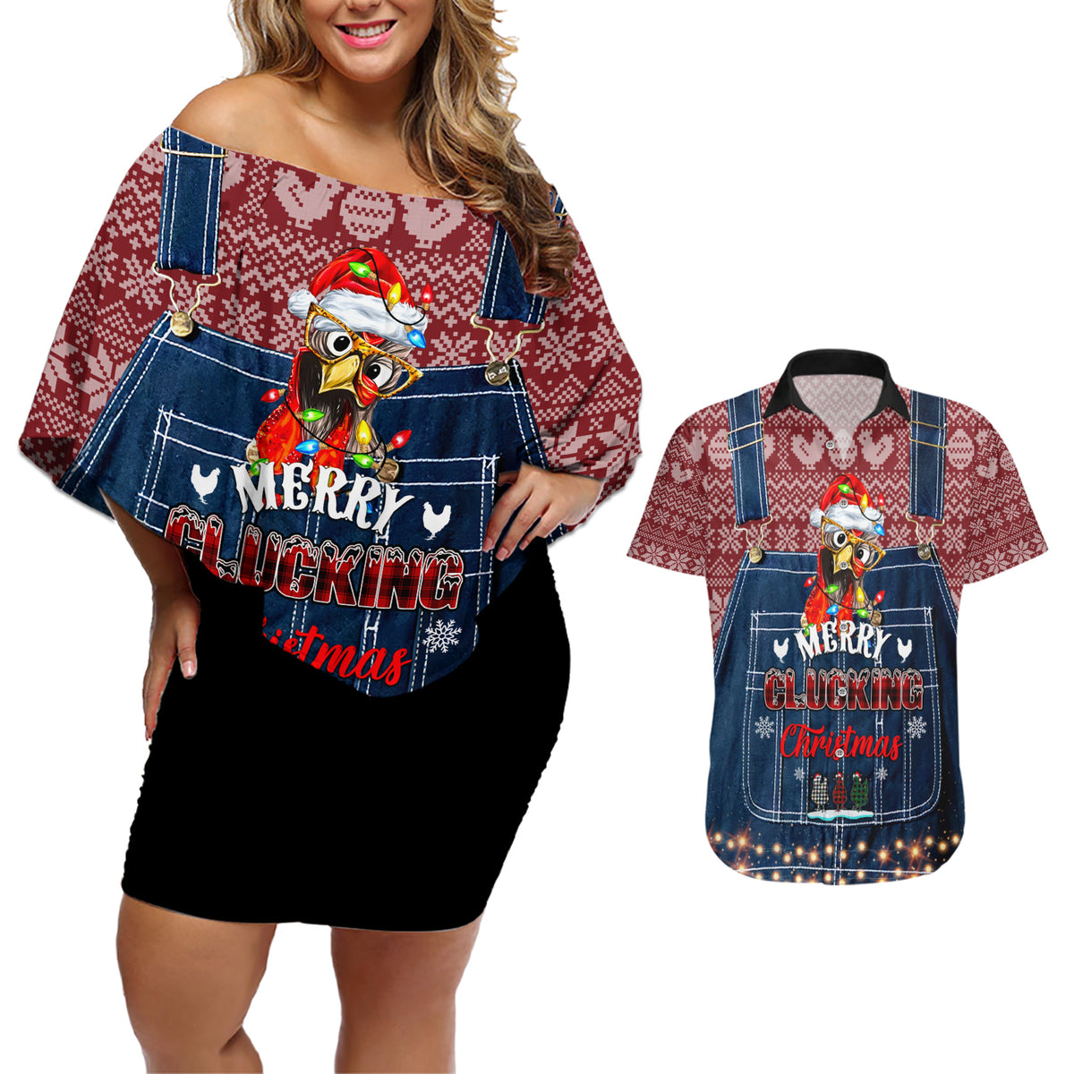 Merry Clucking Christmas Couples Matching Off Shoulder Short Dress and Hawaiian Shirt Chicken Santa Hat - Wonder Print Shop