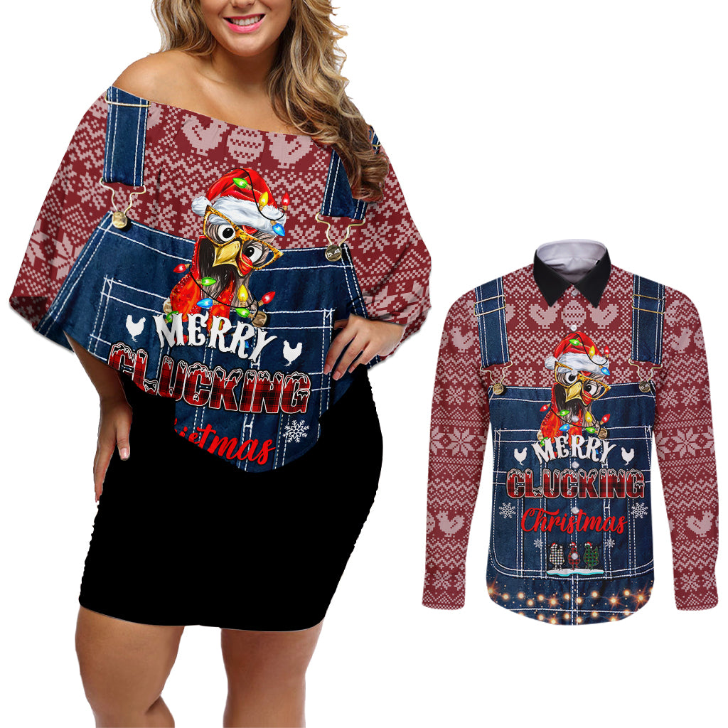 Merry Clucking Christmas Couples Matching Off Shoulder Short Dress and Long Sleeve Button Shirt Chicken Santa Hat - Wonder Print Shop