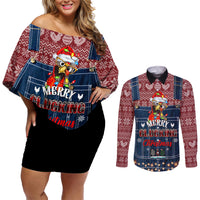 Merry Clucking Christmas Couples Matching Off Shoulder Short Dress and Long Sleeve Button Shirt Chicken Santa Hat - Wonder Print Shop