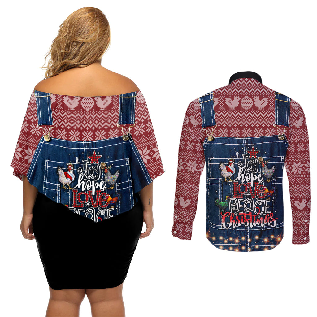 Merry Clucking Christmas Couples Matching Off Shoulder Short Dress and Long Sleeve Button Shirt Chicken Santa Hat - Wonder Print Shop
