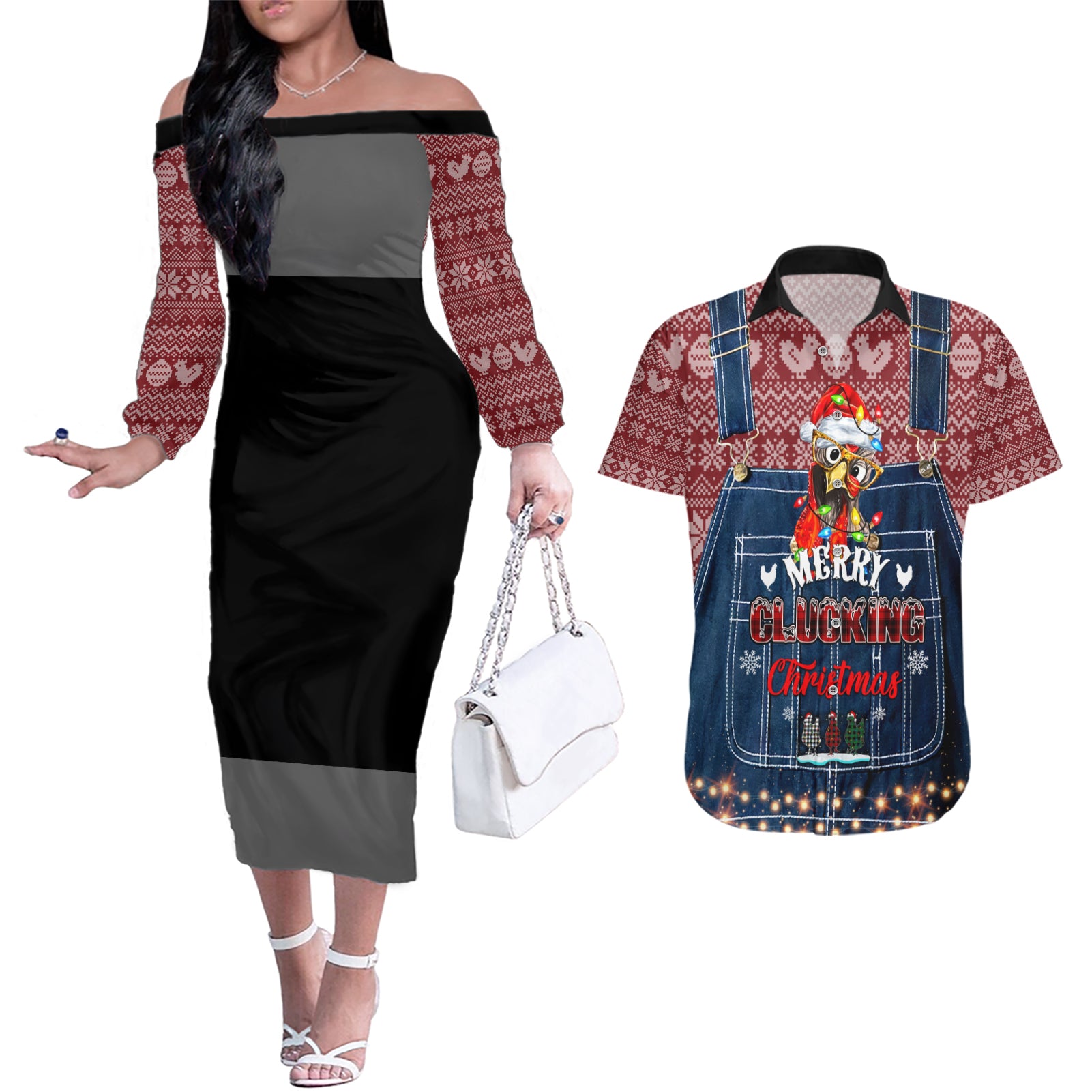 Merry Clucking Christmas Couples Matching Off The Shoulder Long Sleeve Dress and Hawaiian Shirt Chicken Santa Hat - Wonder Print Shop