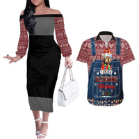 Merry Clucking Christmas Couples Matching Off The Shoulder Long Sleeve Dress and Hawaiian Shirt Chicken Santa Hat - Wonder Print Shop