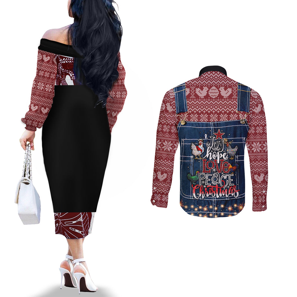 merry-clucking-christmas-couples-matching-off-the-shoulder-long-sleeve-dress-and-long-sleeve-button-shirt-chicken-santa-hat