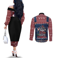 merry-clucking-christmas-couples-matching-off-the-shoulder-long-sleeve-dress-and-long-sleeve-button-shirt-chicken-santa-hat