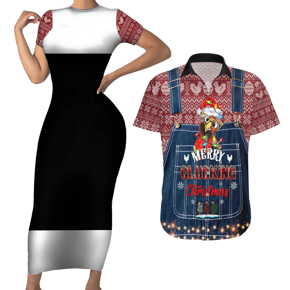 Merry Clucking Christmas Couples Matching Short Sleeve Bodycon Dress and Hawaiian Shirt Chicken Santa Hat - Wonder Print Shop