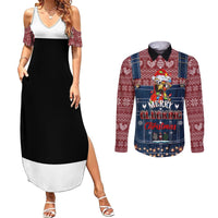 Merry Clucking Christmas Couples Matching Summer Maxi Dress and Long Sleeve Button Shirt Chicken Santa Hat - Wonder Print Shop