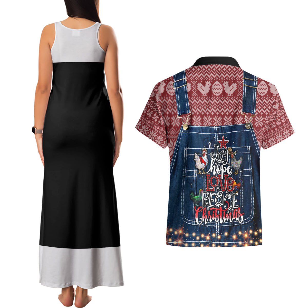 Merry Clucking Christmas Couples Matching Tank Maxi Dress and Hawaiian Shirt Chicken Santa Hat - Wonder Print Shop