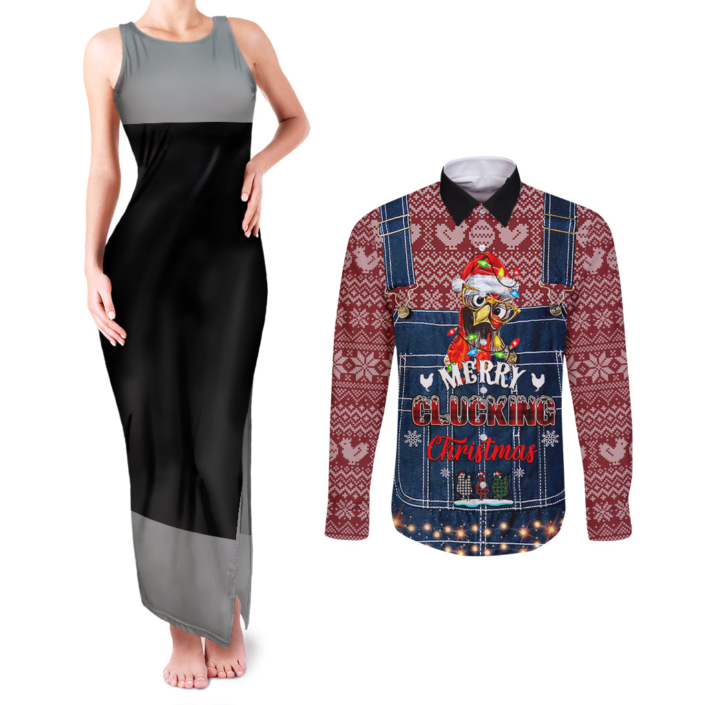 Merry Clucking Christmas Couples Matching Tank Maxi Dress and Long Sleeve Button Shirt Chicken Santa Hat - Wonder Print Shop