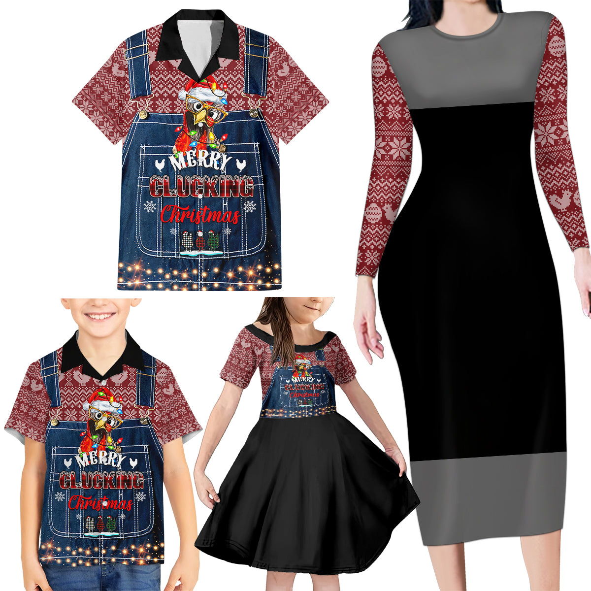 Merry Clucking Christmas Family Matching Long Sleeve Bodycon Dress and Hawaiian Shirt Chicken Santa Hat - Wonder Print Shop