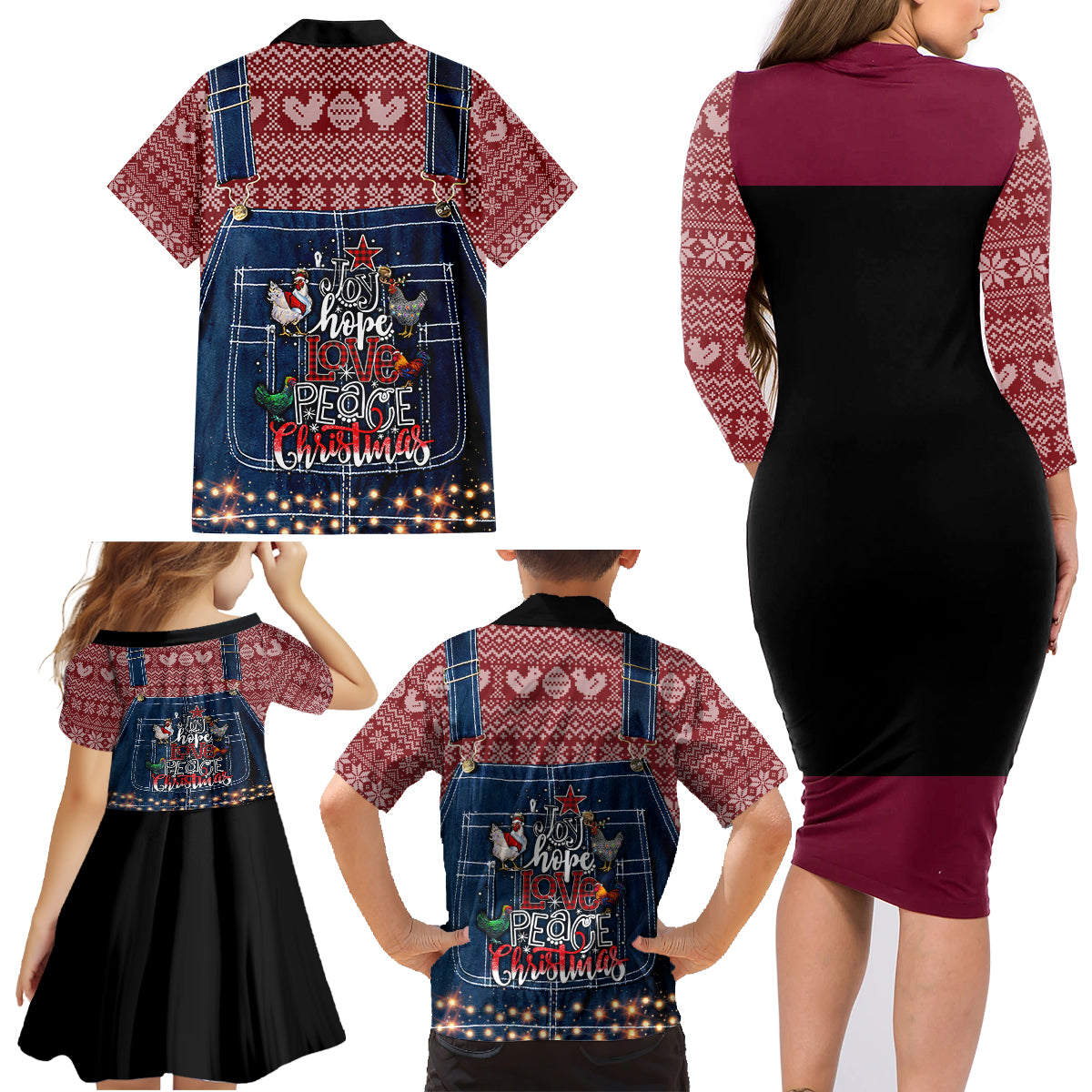 Merry Clucking Christmas Family Matching Long Sleeve Bodycon Dress and Hawaiian Shirt Chicken Santa Hat - Wonder Print Shop
