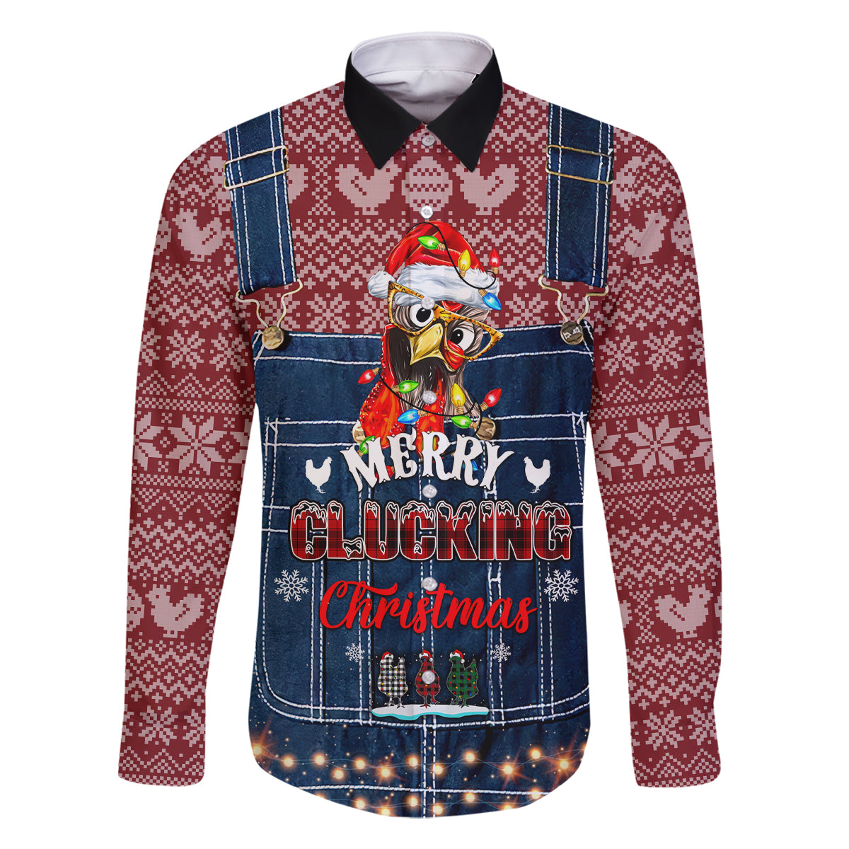 Merry Clucking Christmas Family Matching Long Sleeve Bodycon Dress and Hawaiian Shirt Chicken Santa Hat - Wonder Print Shop