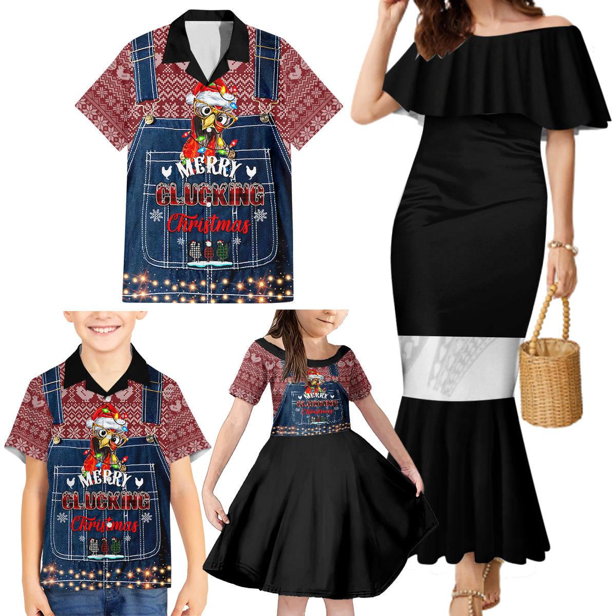 Merry Clucking Christmas Family Matching Mermaid Dress and Hawaiian Shirt Chicken Santa Hat - Wonder Print Shop