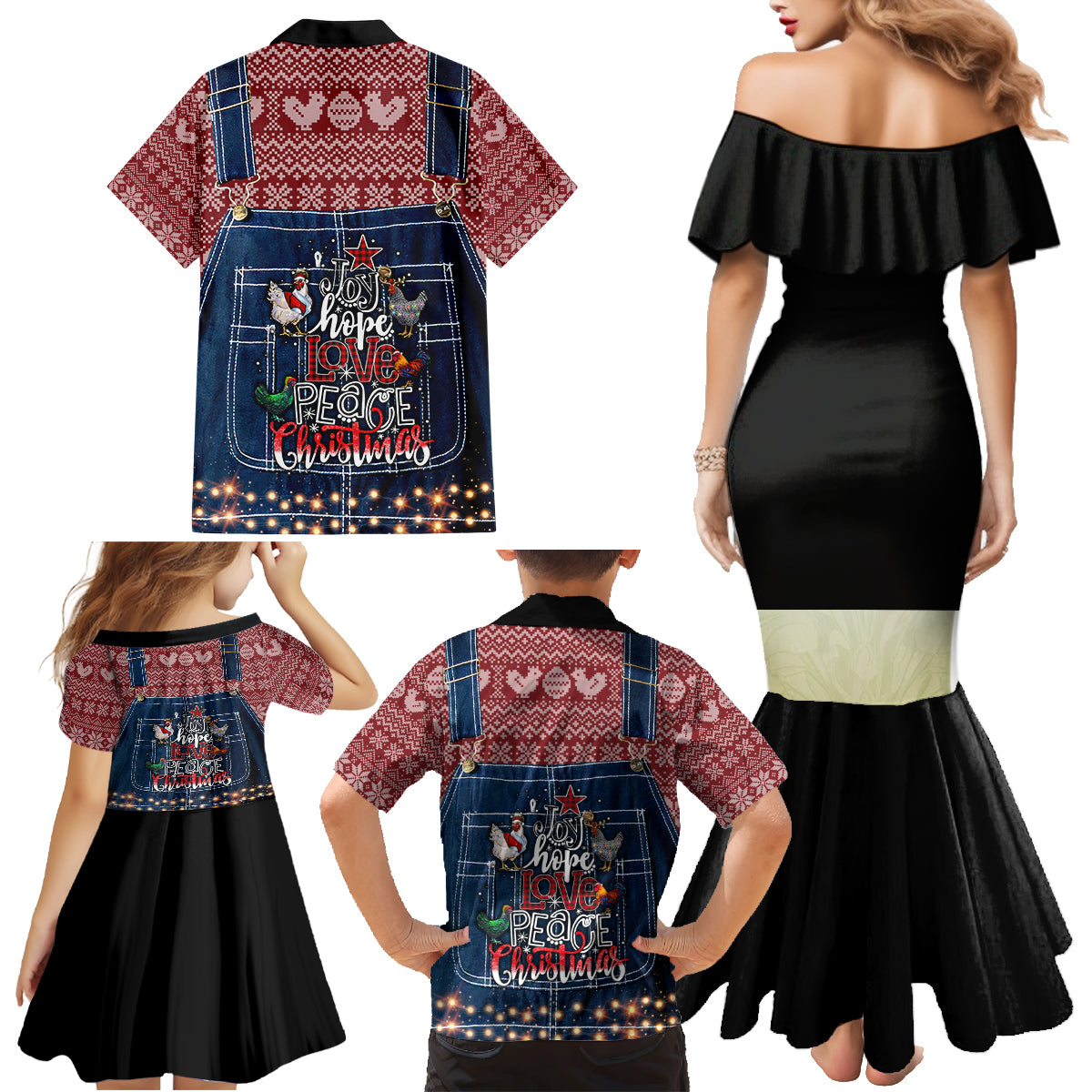 Merry Clucking Christmas Family Matching Mermaid Dress and Hawaiian Shirt Chicken Santa Hat - Wonder Print Shop