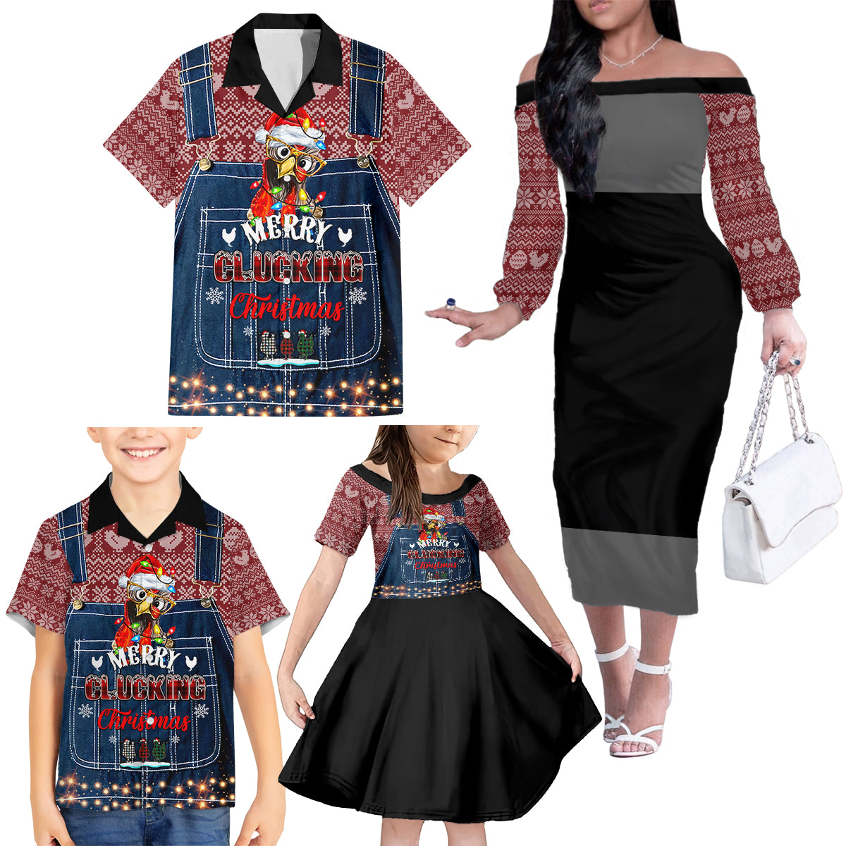 Merry Clucking Christmas Family Matching Off Shoulder Long Sleeve Dress and Hawaiian Shirt Chicken Santa Hat - Wonder Print Shop