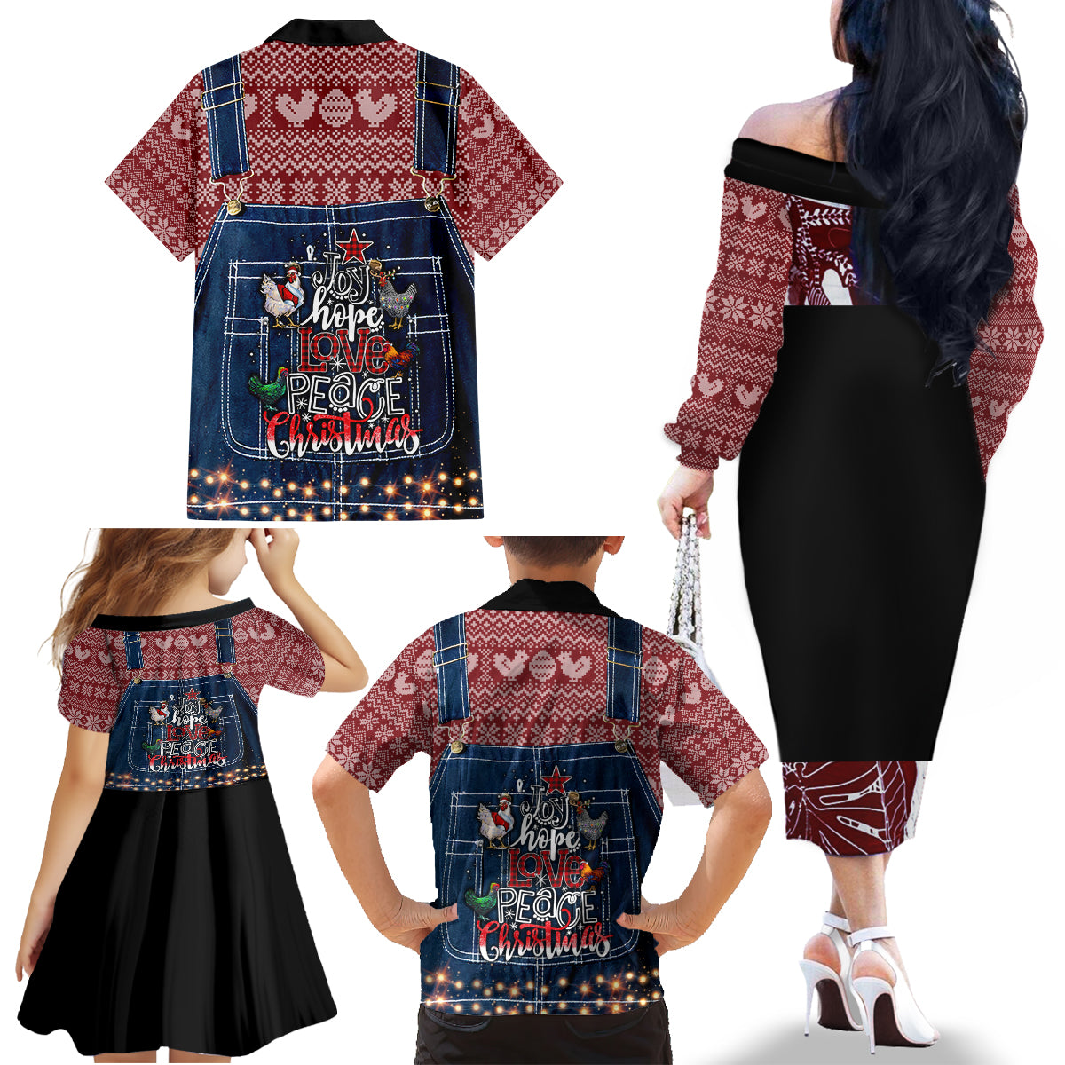 Merry Clucking Christmas Family Matching Off Shoulder Long Sleeve Dress and Hawaiian Shirt Chicken Santa Hat - Wonder Print Shop