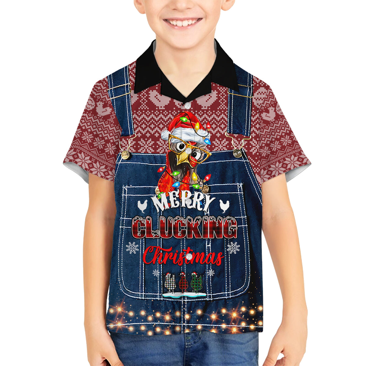 Merry Clucking Christmas Family Matching Off Shoulder Long Sleeve Dress and Hawaiian Shirt Chicken Santa Hat - Wonder Print Shop