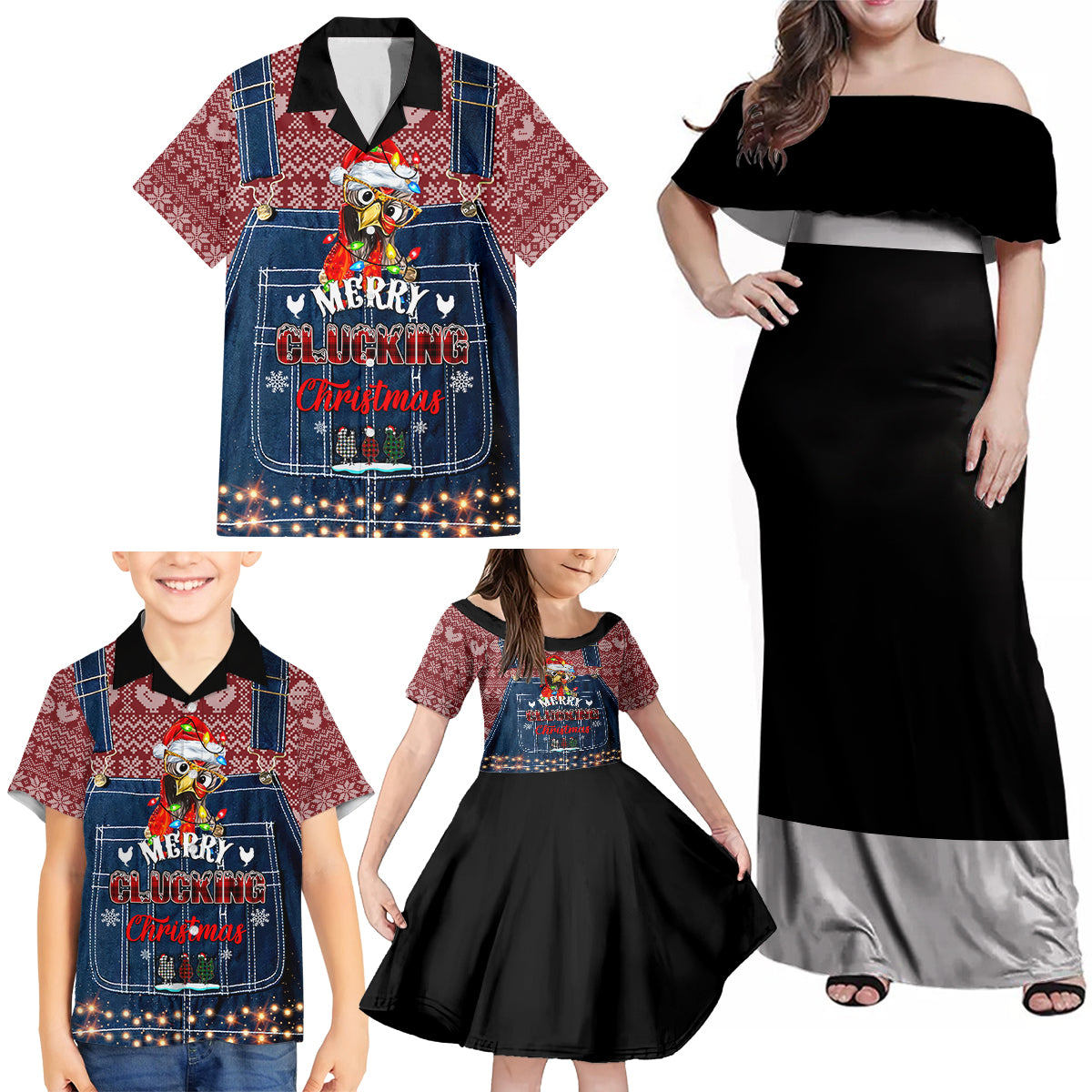 Merry Clucking Christmas Family Matching Off Shoulder Maxi Dress and Hawaiian Shirt Chicken Santa Hat - Wonder Print Shop